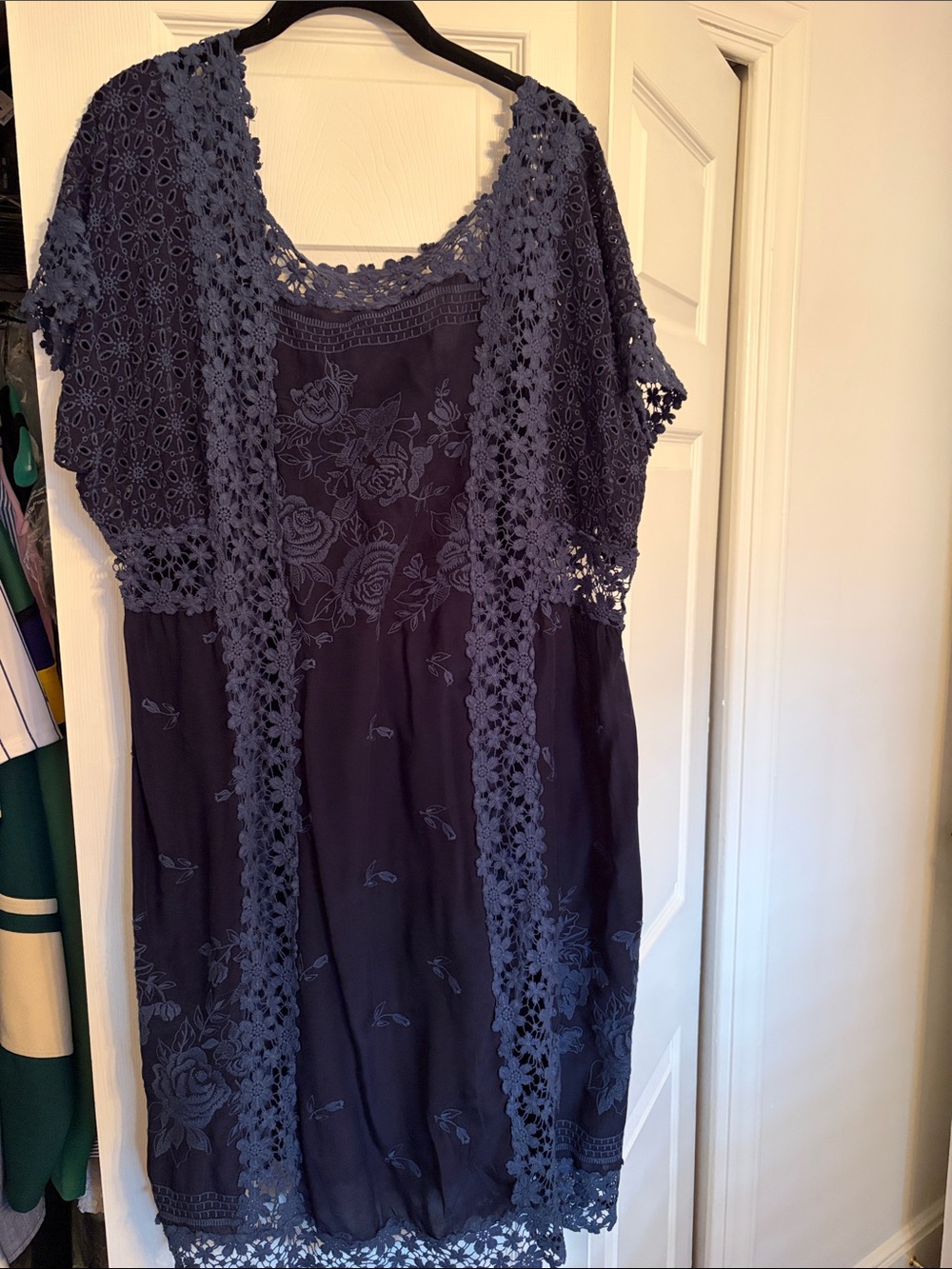 Johnny Was Navy Blue Floral Lace Trim Sleep Dress